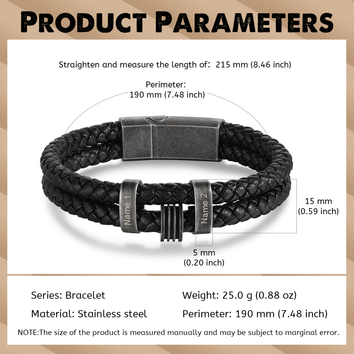 Pulsera de cuero trenzado doble cadena para hombre con 2 nombres personalizados | Jessemade