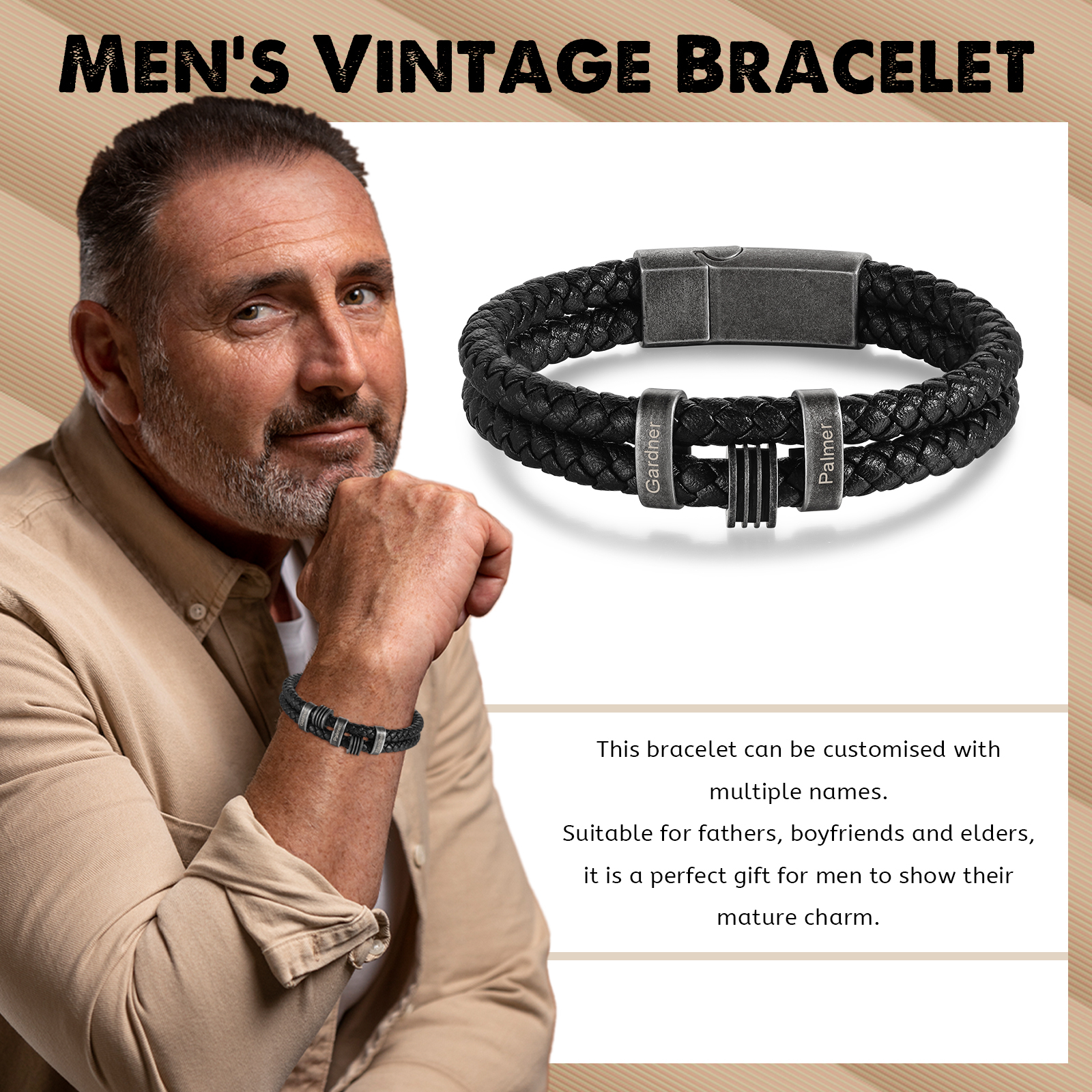 Pulsera de cuero trenzado doble cadena para hombre con 2 nombres personalizados | Jessemade