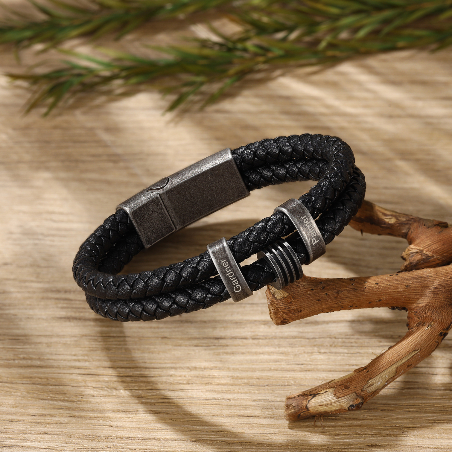 Pulsera de cuero trenzado doble cadena para hombre con 2 nombres personalizados | Jessemade