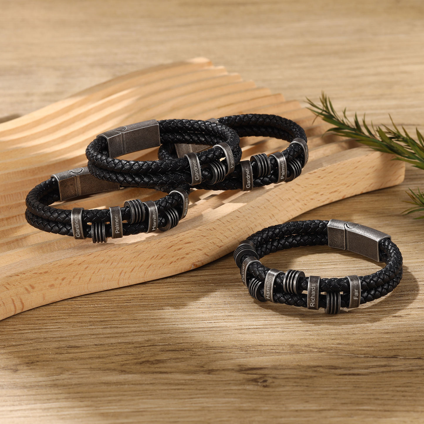 Pulsera de cuero trenzado doble cadena para hombre con 2 nombres personalizados | Jessemade