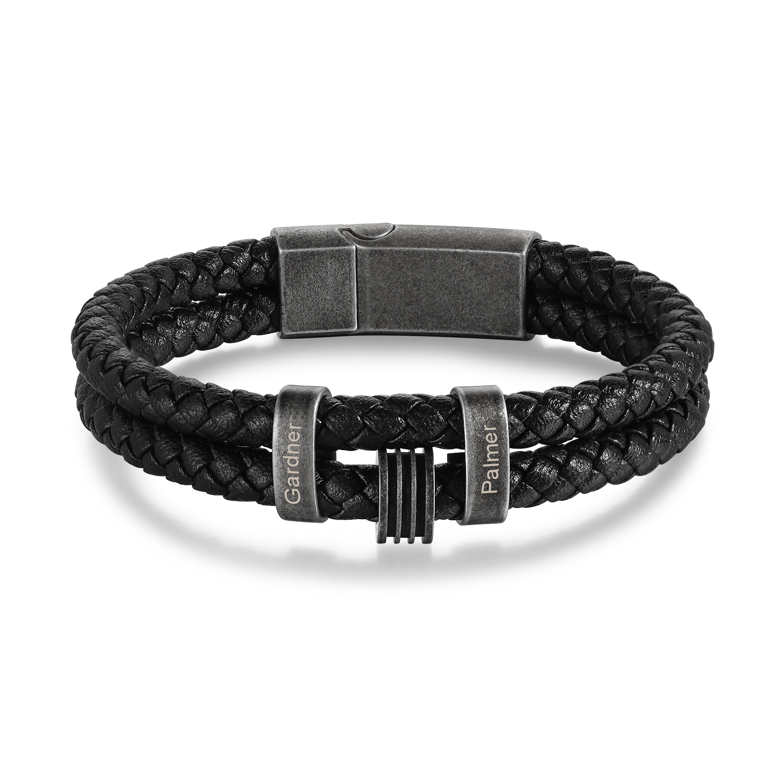 Pulsera de cuero trenzado doble cadena para hombre con 2 nombres personalizados | Jessemade