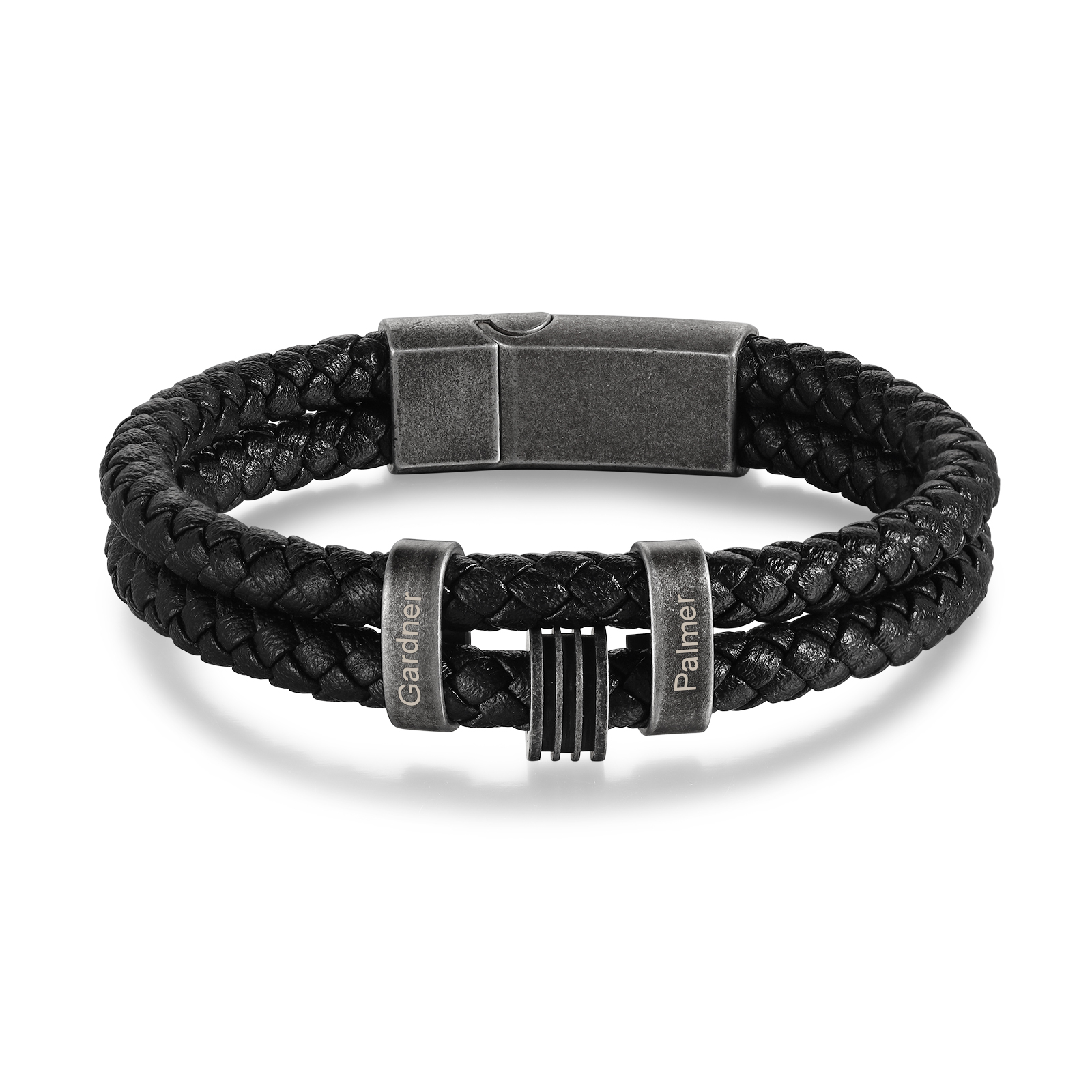 Pulsera de cuero trenzado doble cadena para hombre con 2 nombres personalizados | Jessemade