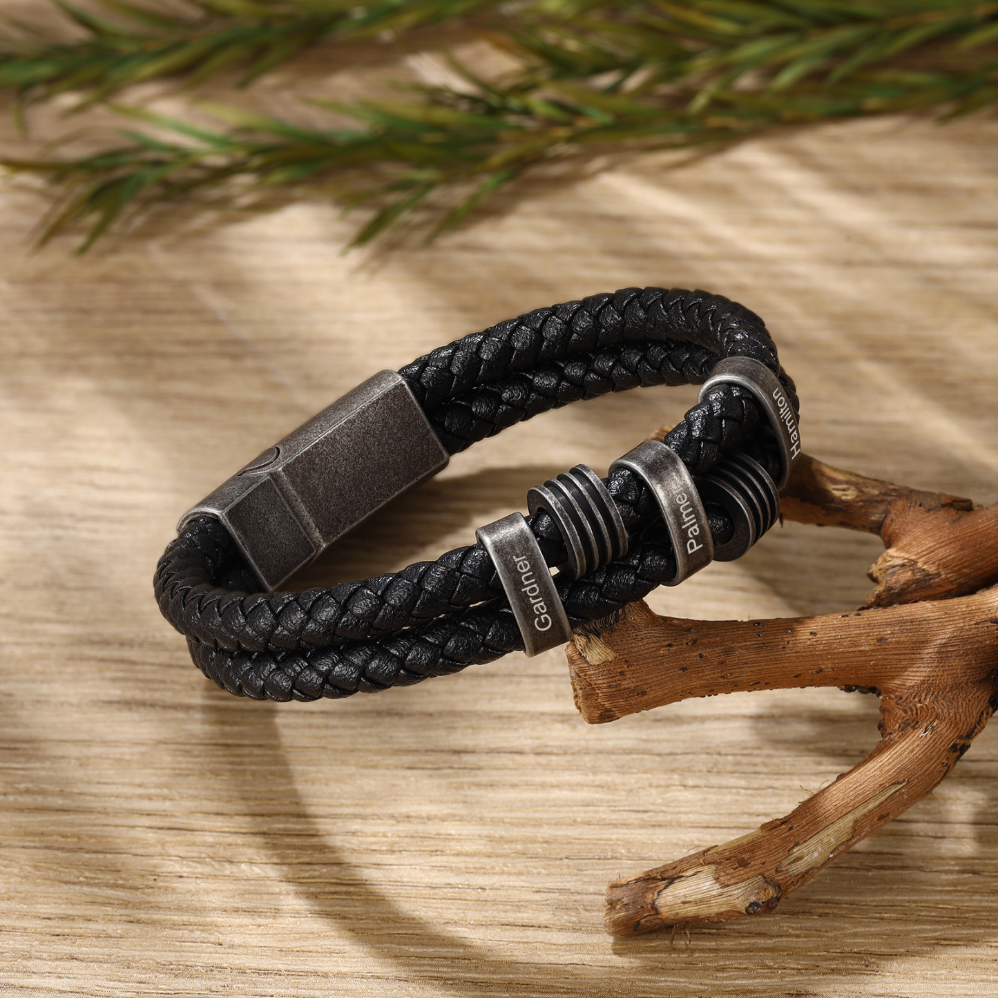 Pulsera de cuero trenzado doble cadena para hombre con 3 nombres personalizados | Jessemade