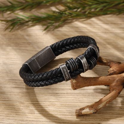 Pulsera de cuero trenzado doble cadena para hombre con 3 nombres personalizados | Jessemade