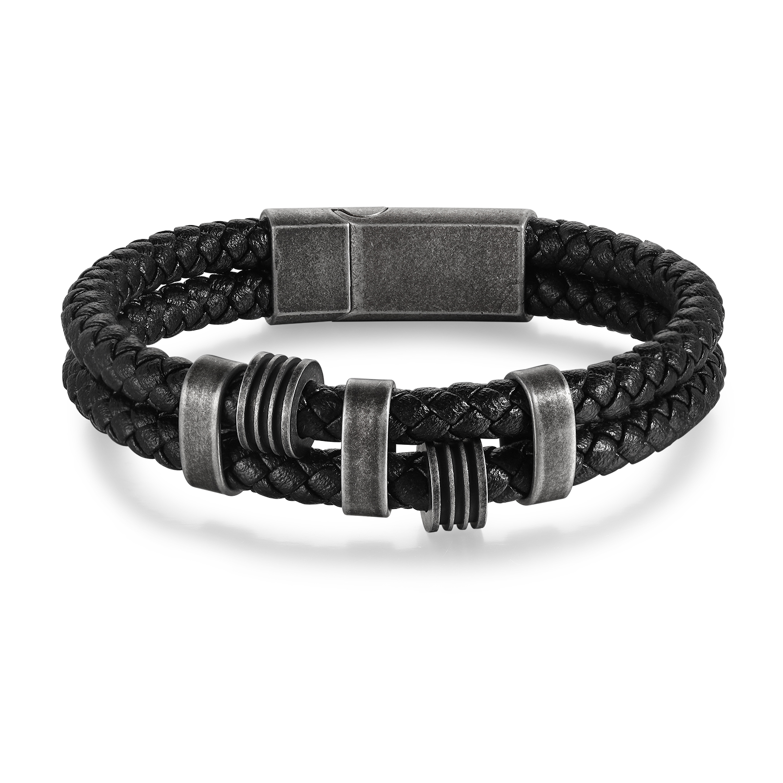 Pulsera de cuero trenzado doble cadena para hombre con 3 nombres personalizados | Jessemade