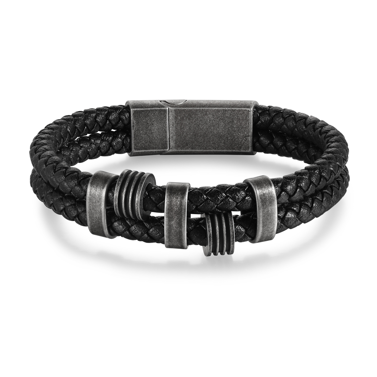 Pulsera de cuero trenzado doble cadena para hombre con 3 nombres personalizados | Jessemade
