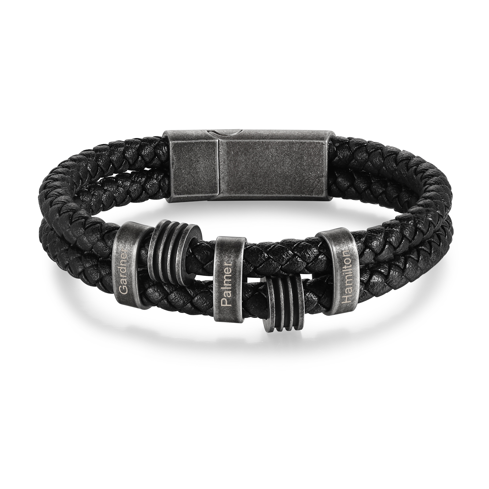 Pulsera de cuero trenzado doble cadena para hombre con 3 nombres personalizados | Jessemade