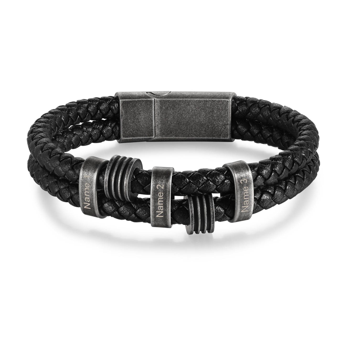 Pulsera de cuero trenzado doble cadena para hombre con 3 nombres personalizados | Jessemade