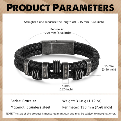Pulsera de cuero trenzado doble cadena para hombre con 4 nombres personalizados | Jessemade
