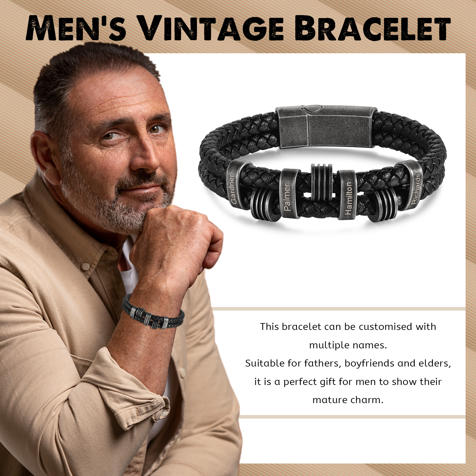 Pulsera de cuero trenzado doble cadena para hombre con 4 nombres personalizados | Jessemade
