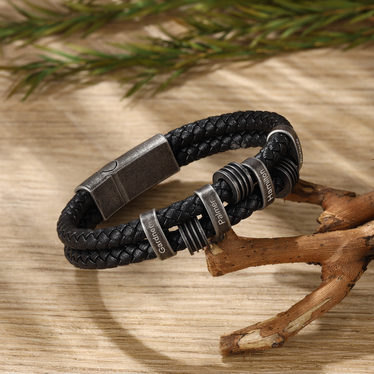 Pulsera de cuero trenzado doble cadena para hombre con 4 nombres personalizados | Jessemade