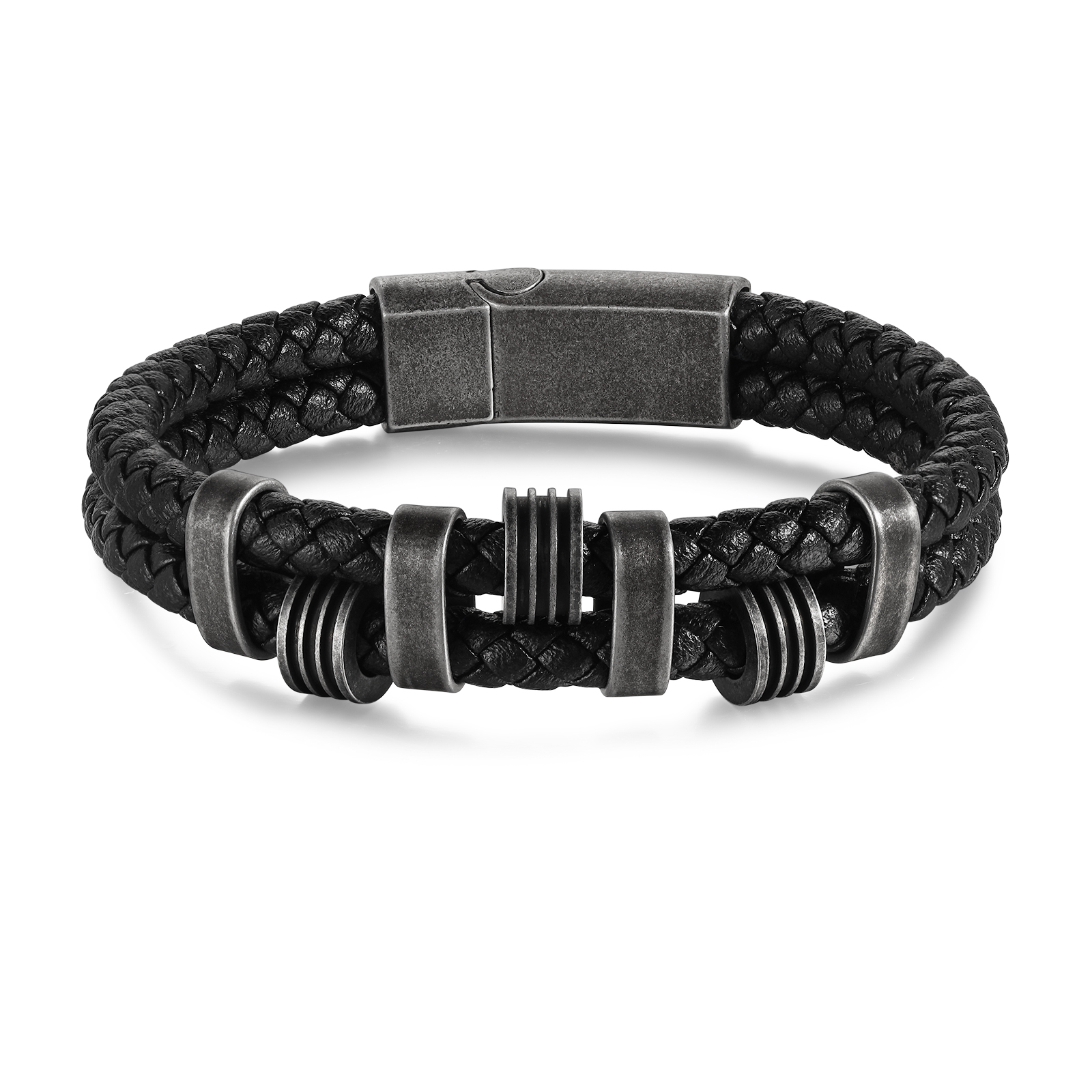 Pulsera de cuero trenzado doble cadena para hombre con 4 nombres personalizados | Jessemade