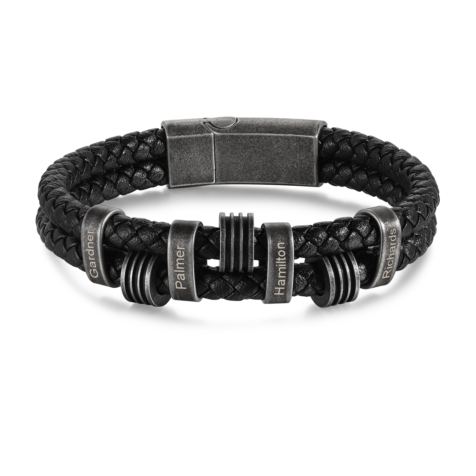 Pulsera de cuero trenzado doble cadena para hombre con 4 nombres personalizados | Jessemade