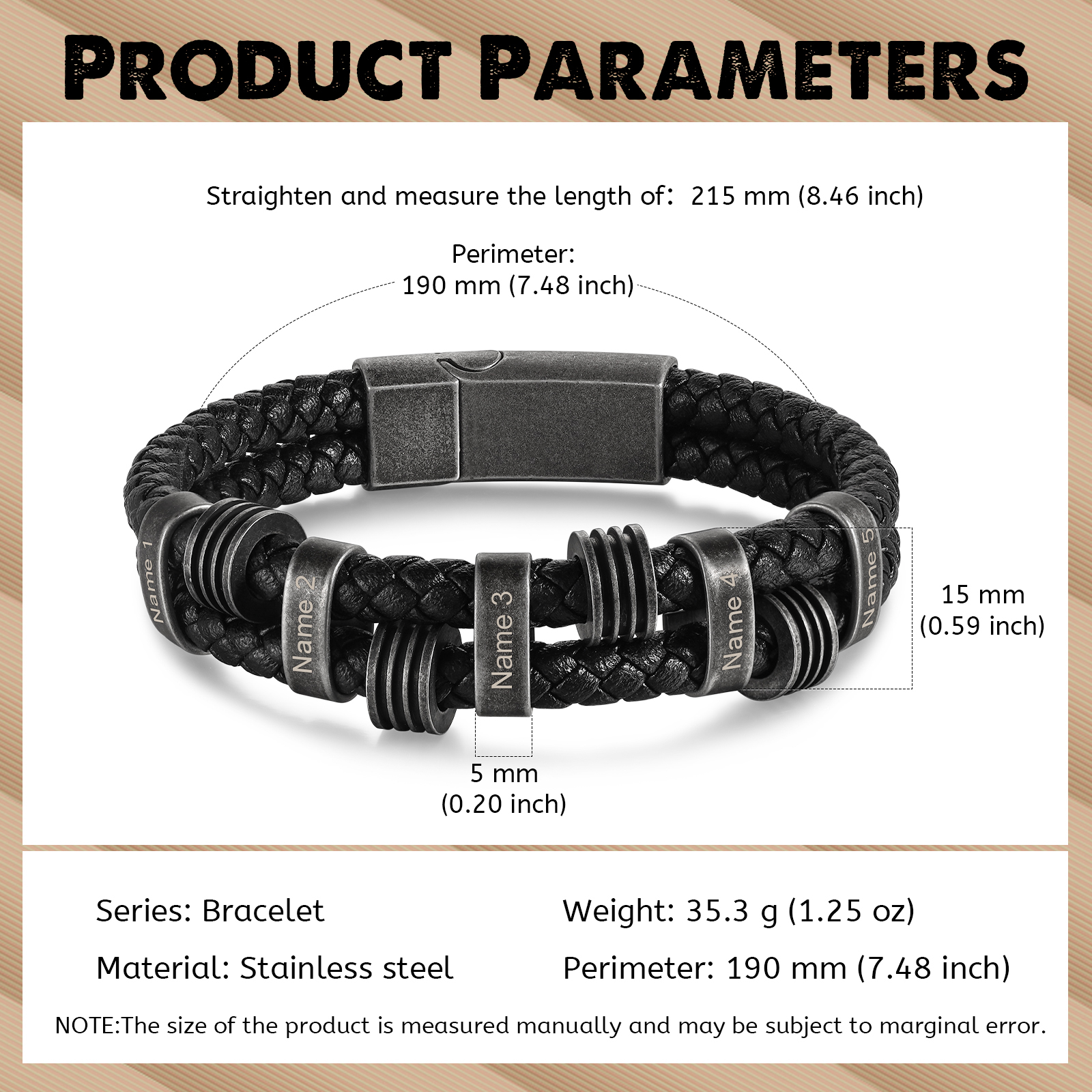 Pulsera de cuero trenzado doble cadena para hombre con 5 nombres personalizados | Jessemade