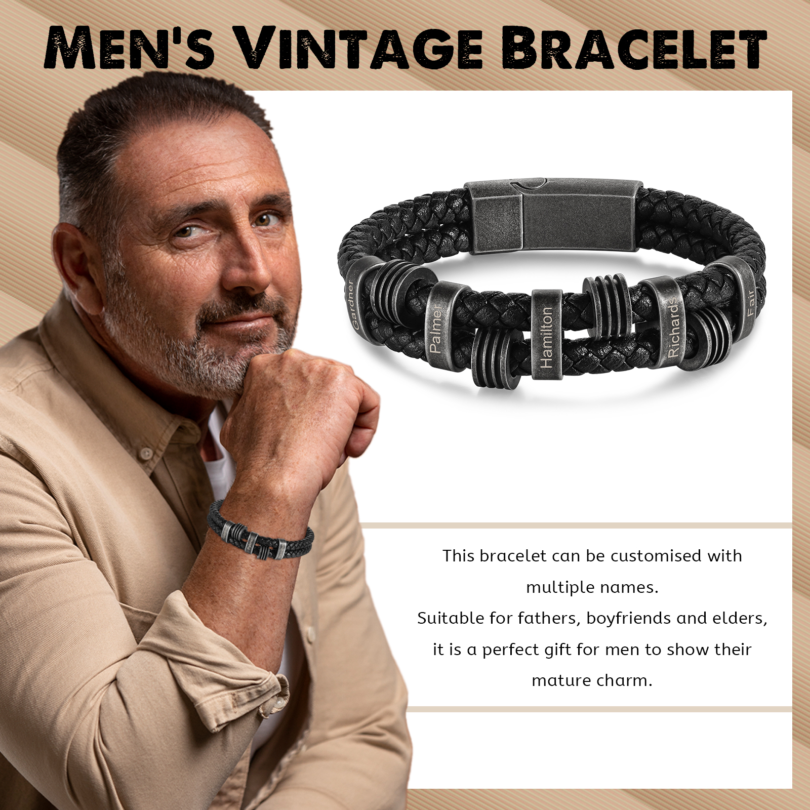 Pulsera de cuero trenzado doble cadena para hombre con 5 nombres personalizados | Jessemade