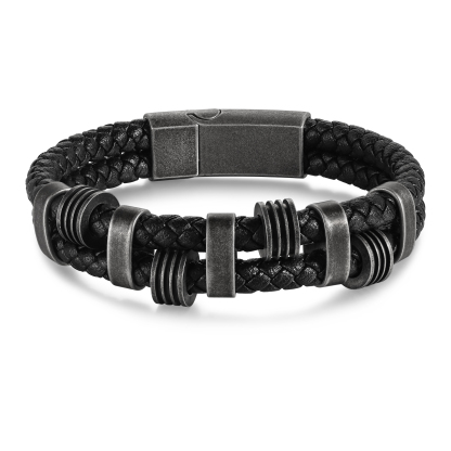 Pulsera de cuero trenzado doble cadena para hombre con 5 nombres personalizados | Jessemade