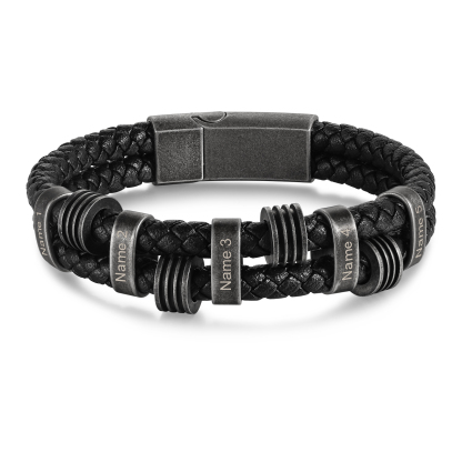 Pulsera de cuero trenzado doble cadena para hombre con 5 nombres personalizados | Jessemade