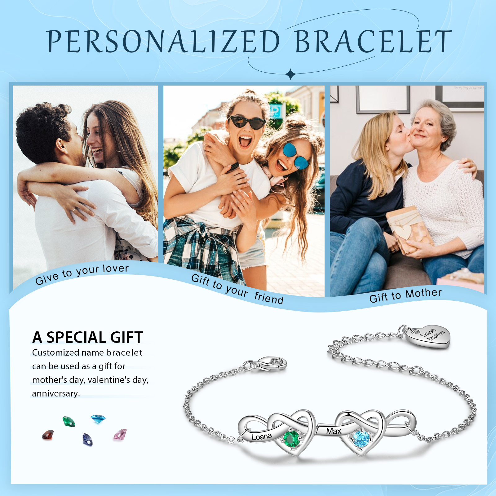 Kit de regalo-Collar y pulsera de corazón con 2 piedras de nacimiento y 2 nombres personalizados para mujer | Jessemade