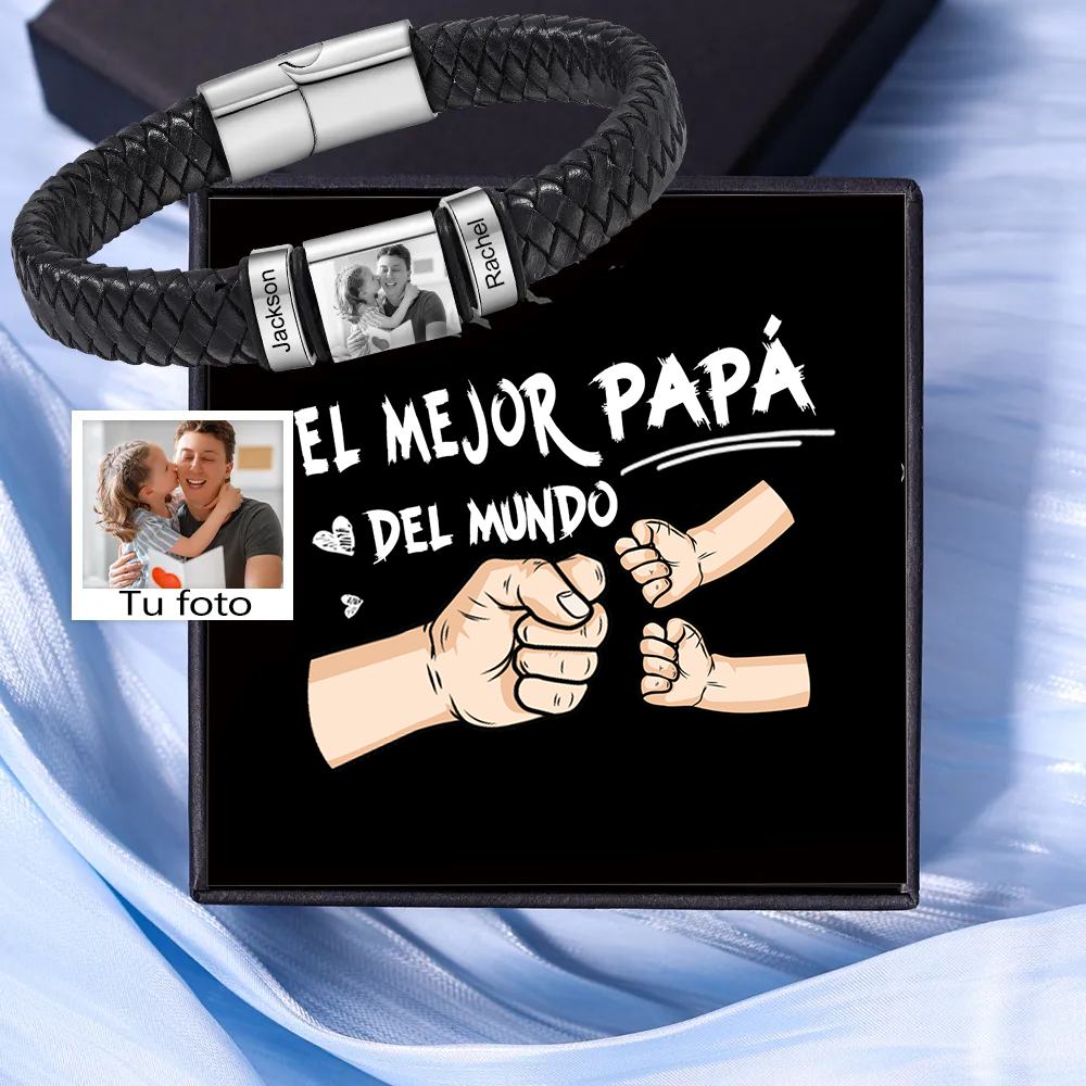 Pulsera de Cueros Trenzados Aros Personalizados de 2-5 Nombres y Placa de Foto