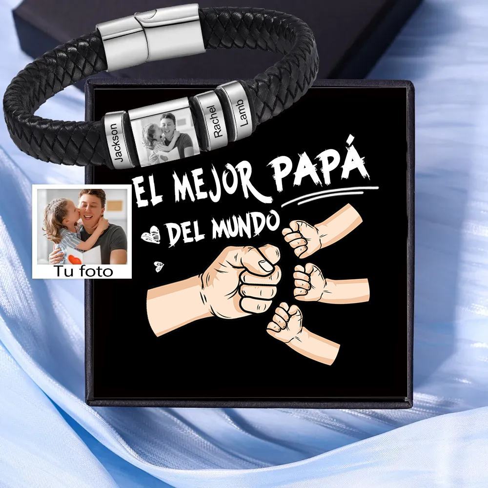 Pulsera de Cueros Trenzados Aros Personalizados de 2-5 Nombres y Placa de Foto