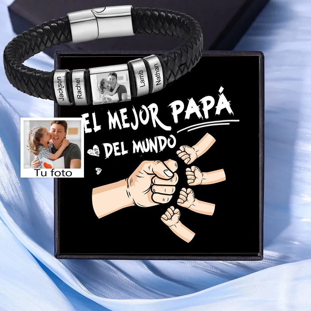 Pulsera de Cueros Trenzados Aros Personalizados de 2-5 Nombres y Placa de Foto