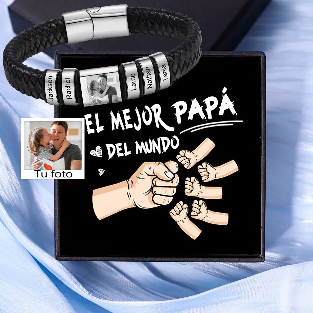 Pulsera de Cueros Trenzados Aros Personalizados de 2-5 Nombres y Placa de Foto