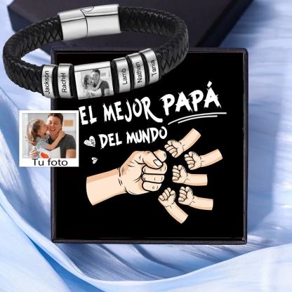 Pulsera de Cueros Trenzados Aros Personalizados de 2-5 Nombres y Placa de Foto