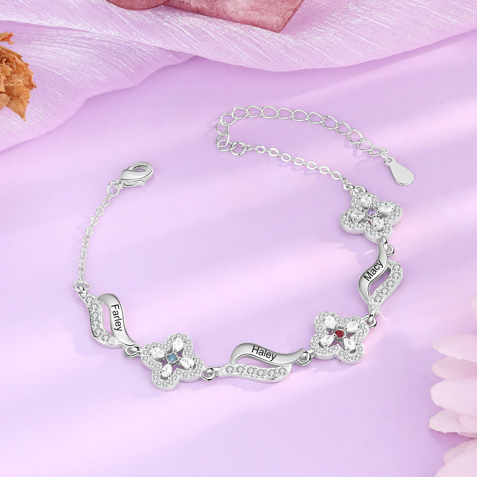 Pulsera de flores con 3 nombres y 3 piedras de nacimiento pulsera personalizada para mujer | Jessemade