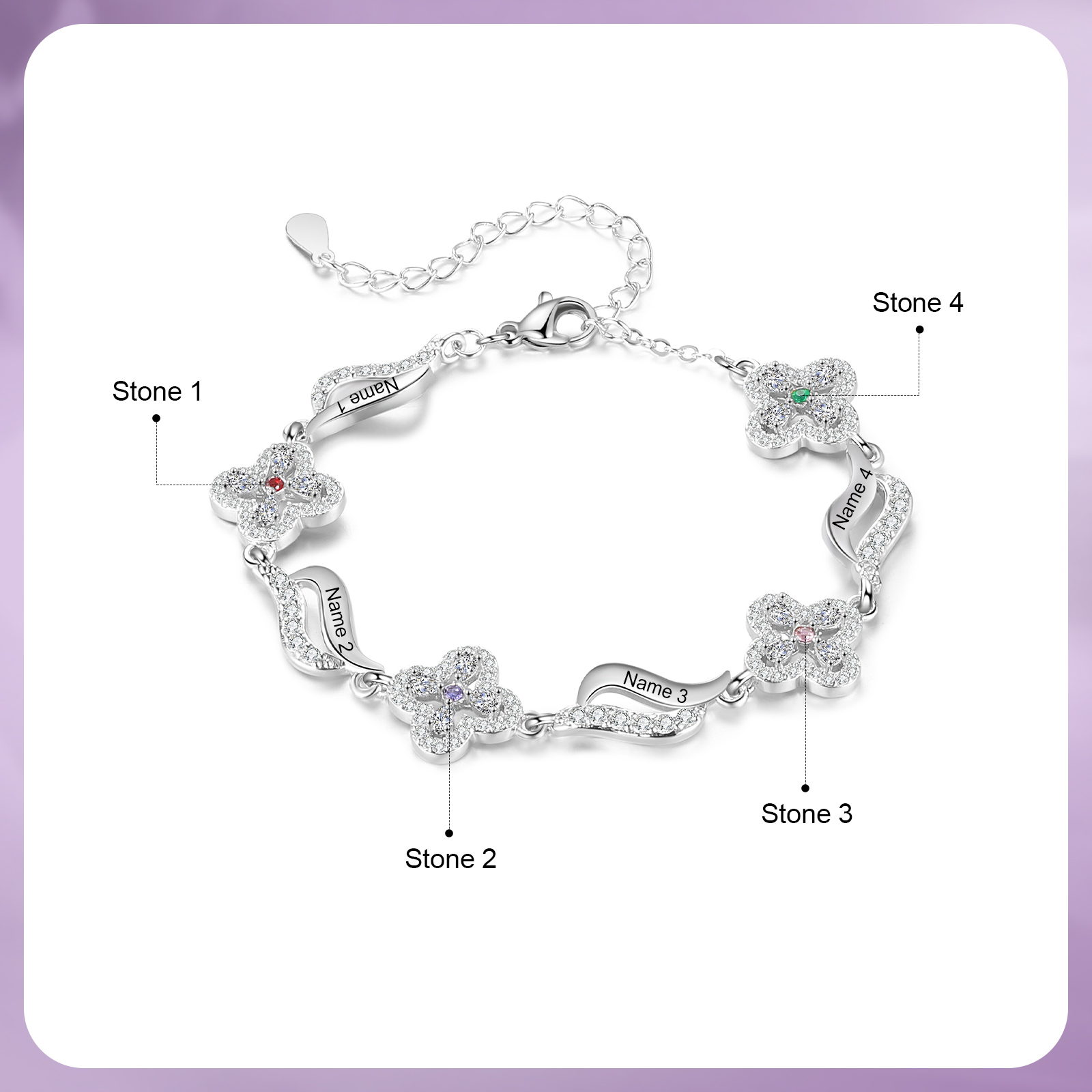 Pulsera de flores con 4 nombres y 4 piedras de nacimiento pulsera personalizada para mujer | Jessemade