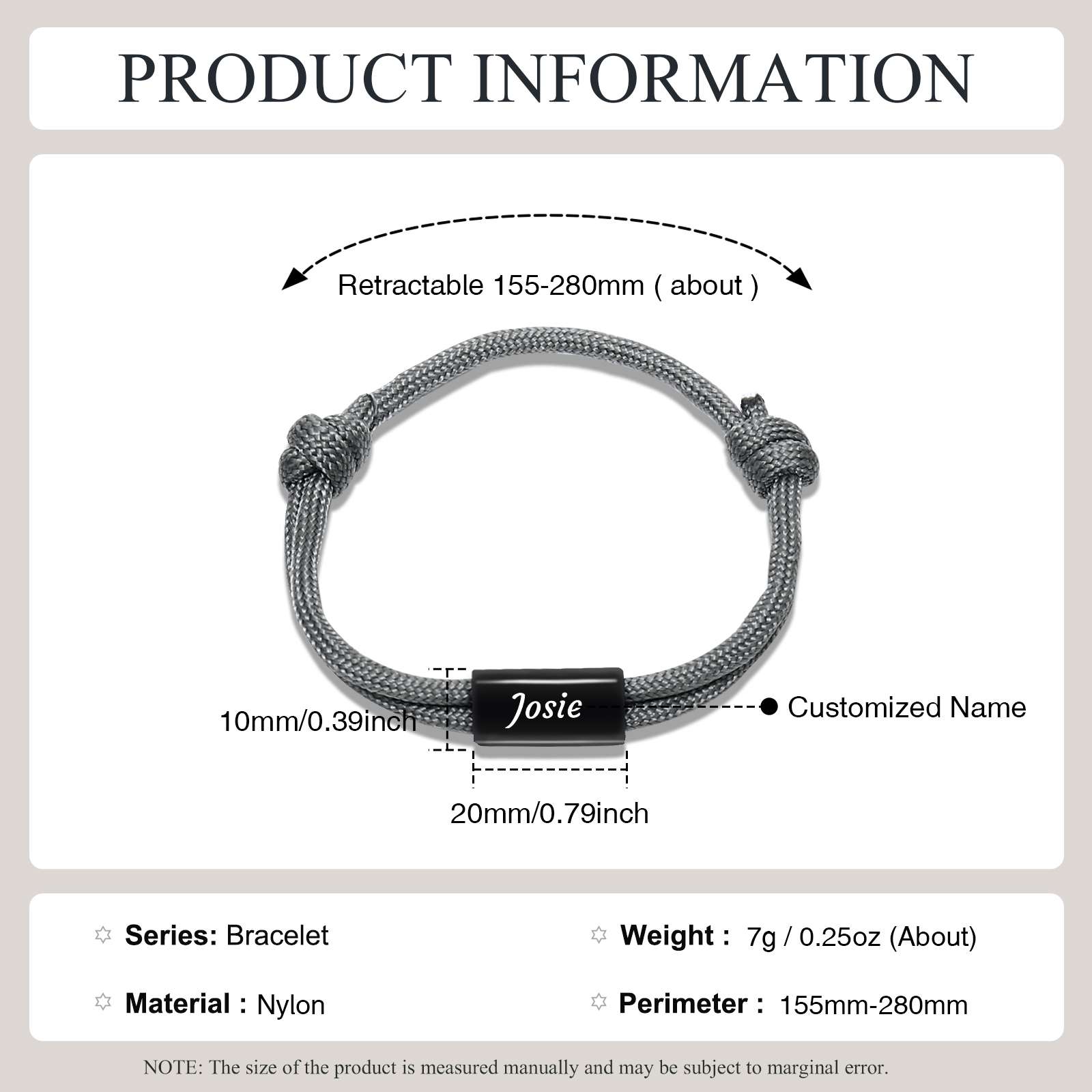 Pulsera ajustable de cuerda con placa personalizada con 1 nombre