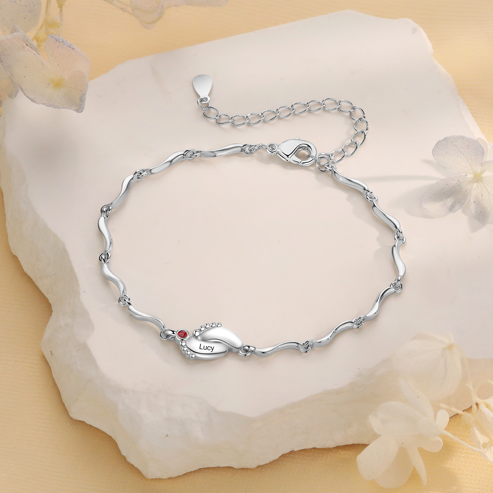 Pulsera de pie de bebé con 1 nombre y 1 piedra de nacimiento pulsera personalizada para mujer | Jessemade