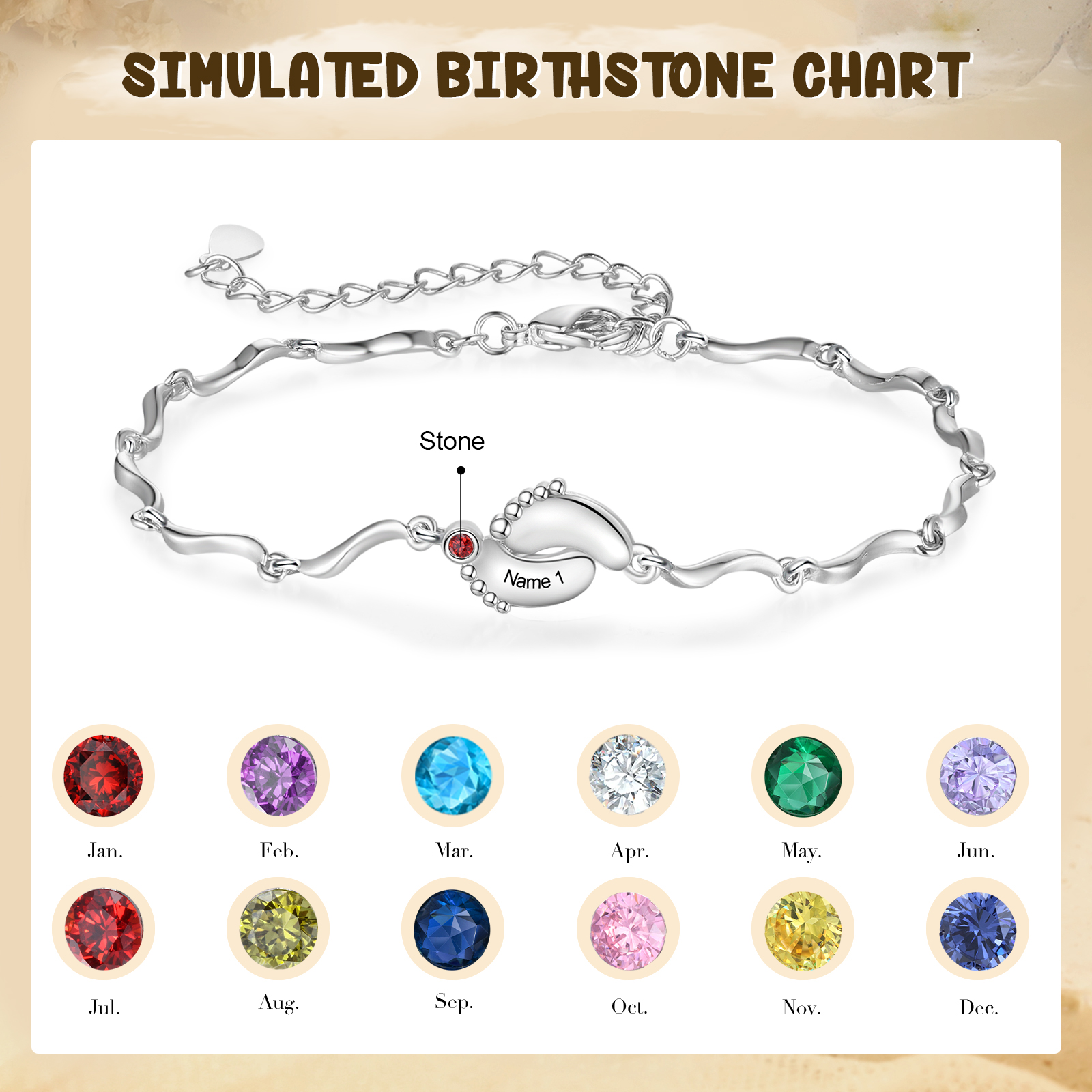 Pulsera de pie de bebé con 1 nombre y 1 piedra de nacimiento pulsera personalizada para mujer | Jessemade