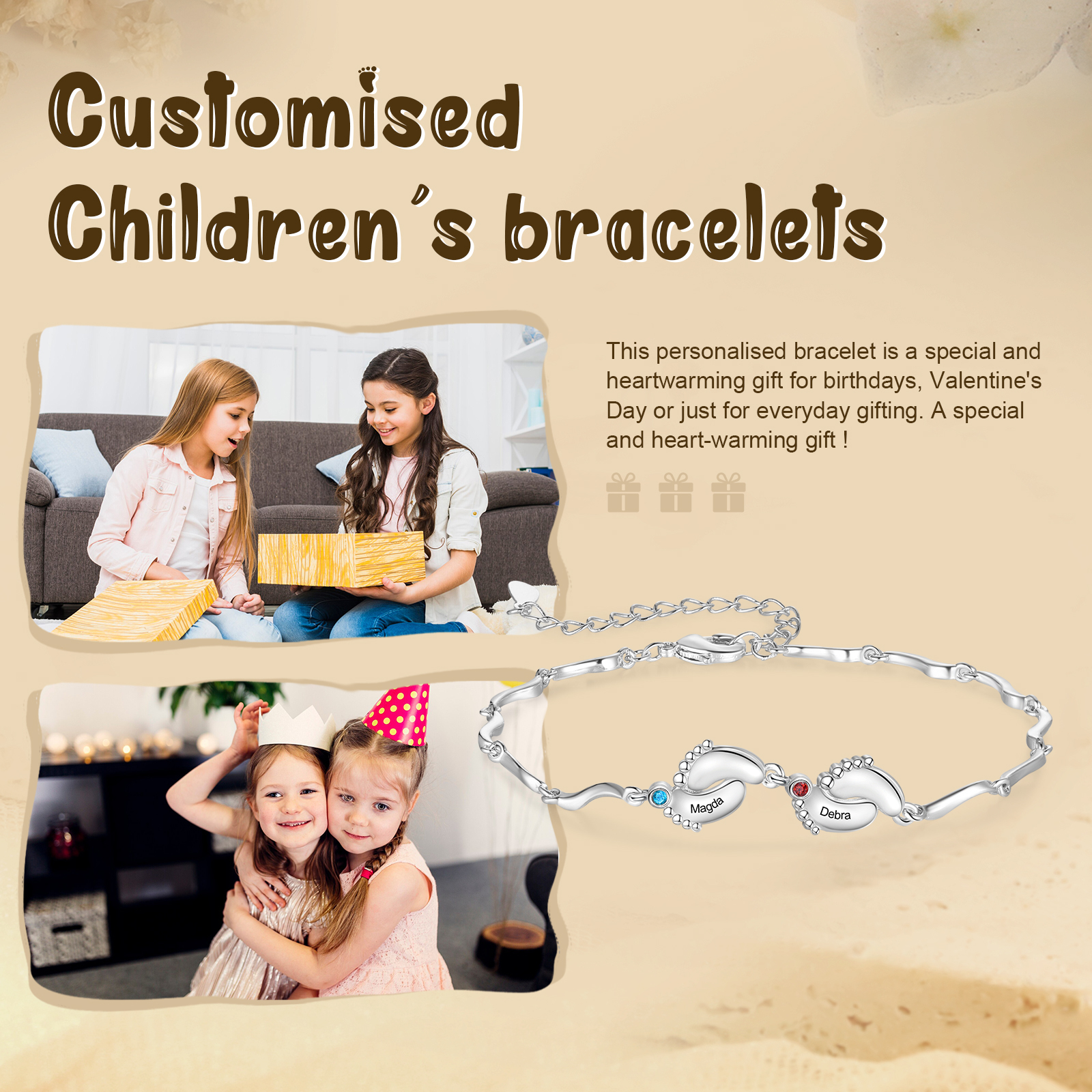 Pulsera de pie de bebé con 2 nombres y 2 piedras de nacimiento pulsera personalizada para mujer | Jessemade