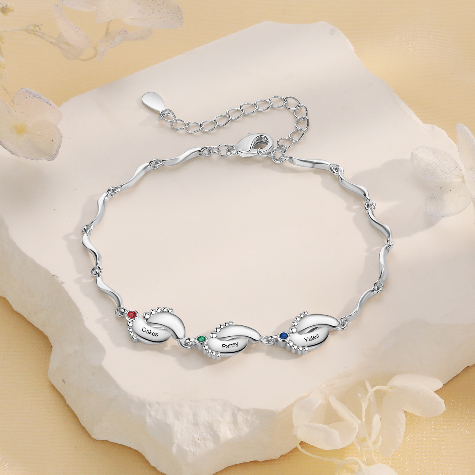 Pulsera de pie de bebé con 3 nombres y 3 piedras de nacimiento pulsera personalizada para mujer | Jessemade