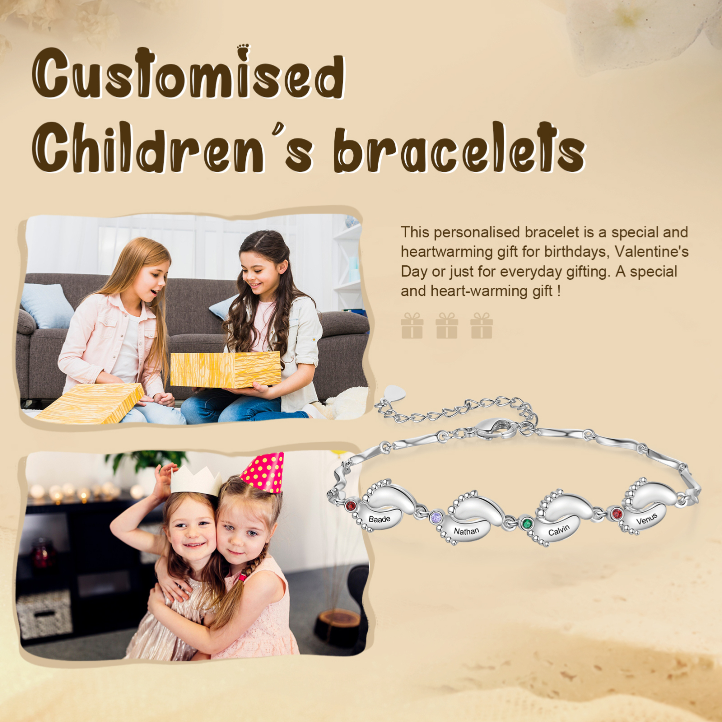 Pulsera de pie de bebé con 4 nombres y 4 piedras de nacimiento pulsera personalizada para mujer | Jessemade