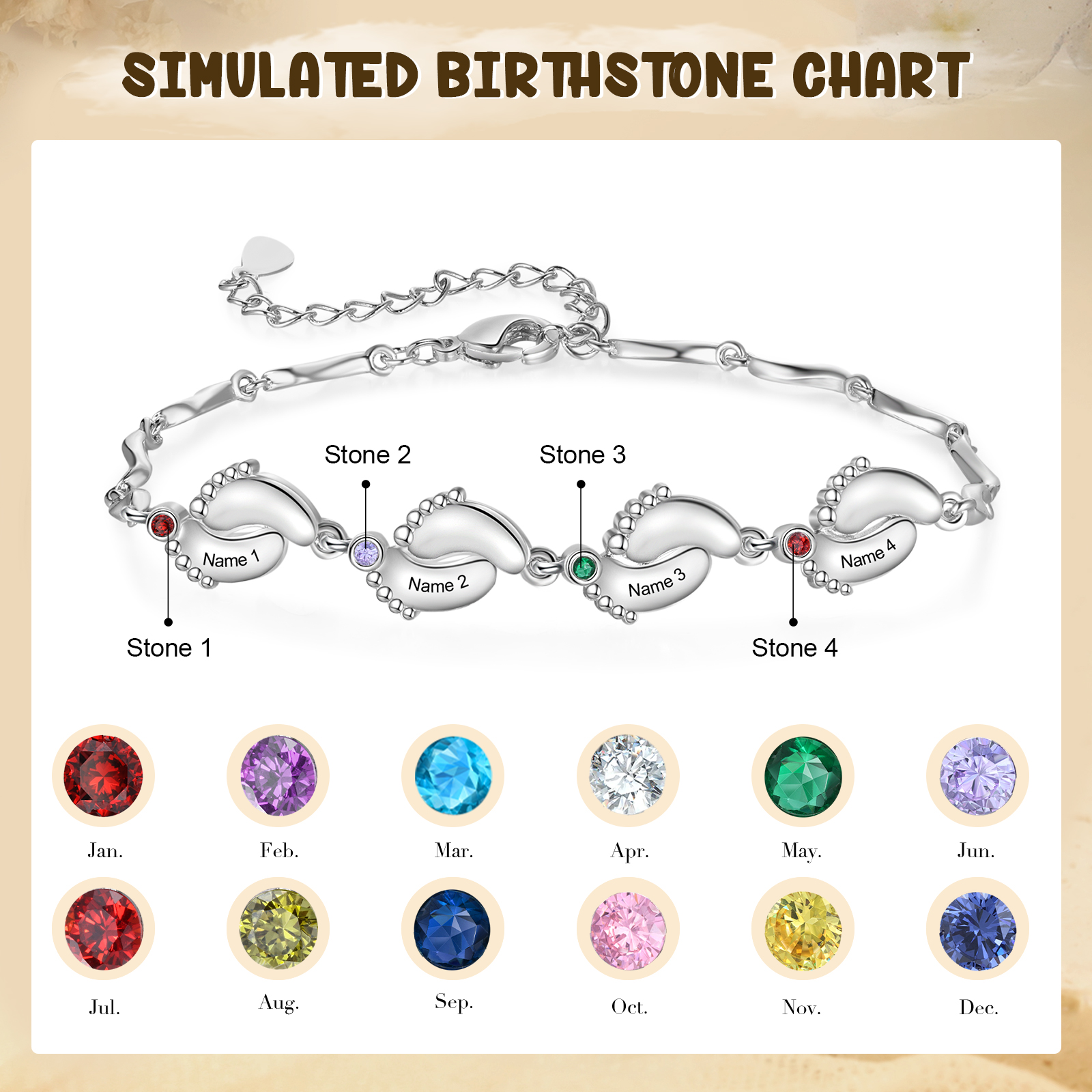 Pulsera de pie de bebé con 4 nombres y 4 piedras de nacimiento pulsera personalizada para mujer | Jessemade