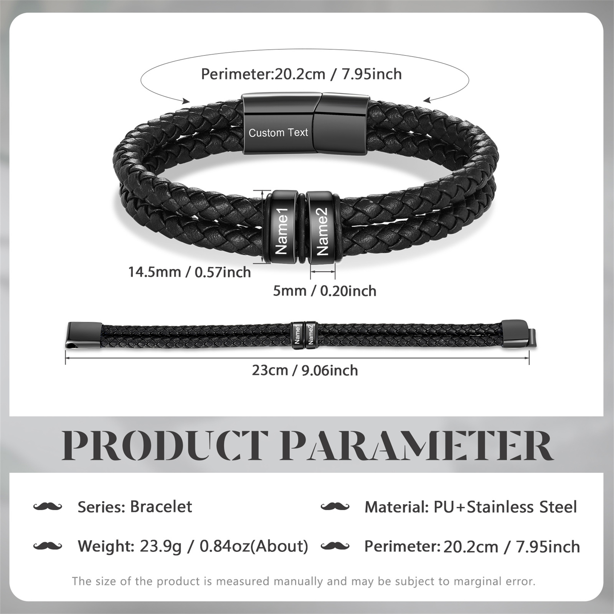 Pulsera de cuero doble cadena para hombre con 2 nombres y 1 texto personalizados | Jessemade
