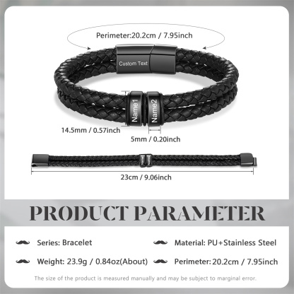 Pulsera de cuero doble cadena para hombre con 2 nombres y 1 texto personalizados | Jessemade