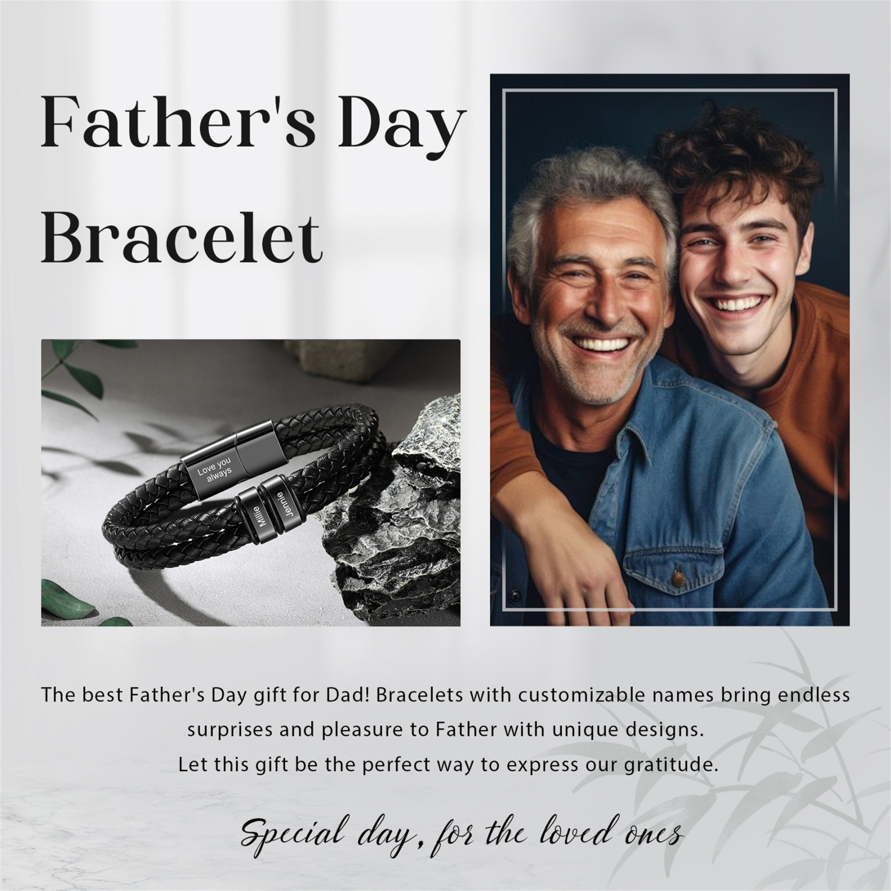 Pulsera de cuero doble cadena para hombre con 2 nombres y 1 texto personalizados | Jessemade