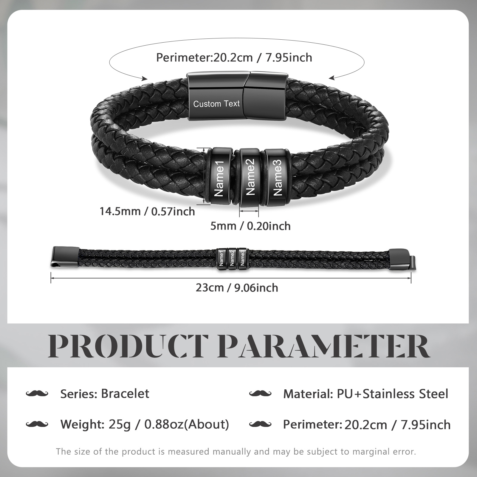 Pulsera de cuero doble cadena para hombre con 3 nombres y 1 texto personalizados | Jessemade