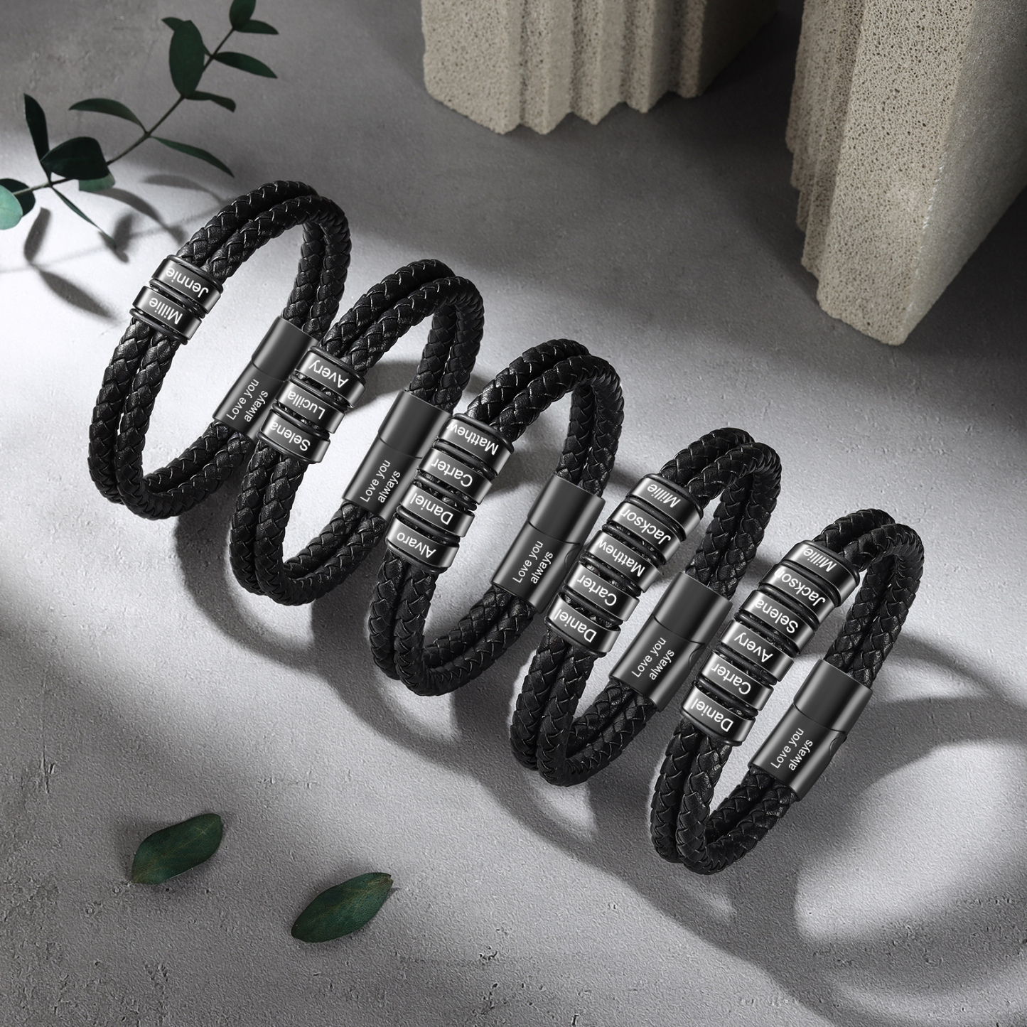 Pulsera de cuero doble cadena para hombre con 3 nombres y 1 texto personalizados | Jessemade