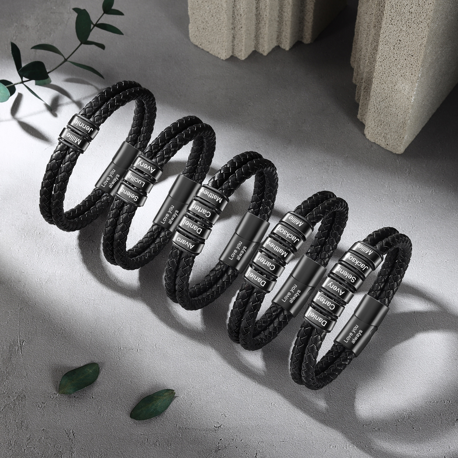 Pulsera de cuero doble cadena para hombre con 3 nombres y 1 texto personalizados | Jessemade