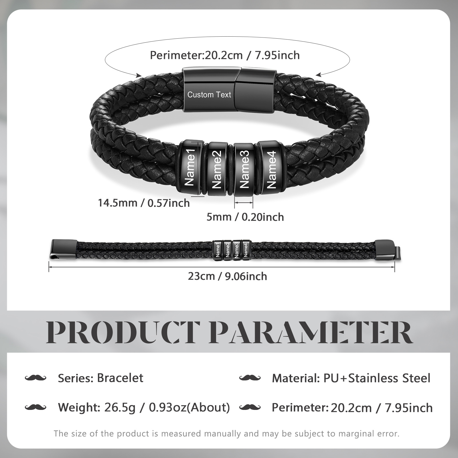 Pulsera de cuero doble cadena para hombre con 4 nombres y 1 texto personalizados | Jessemade