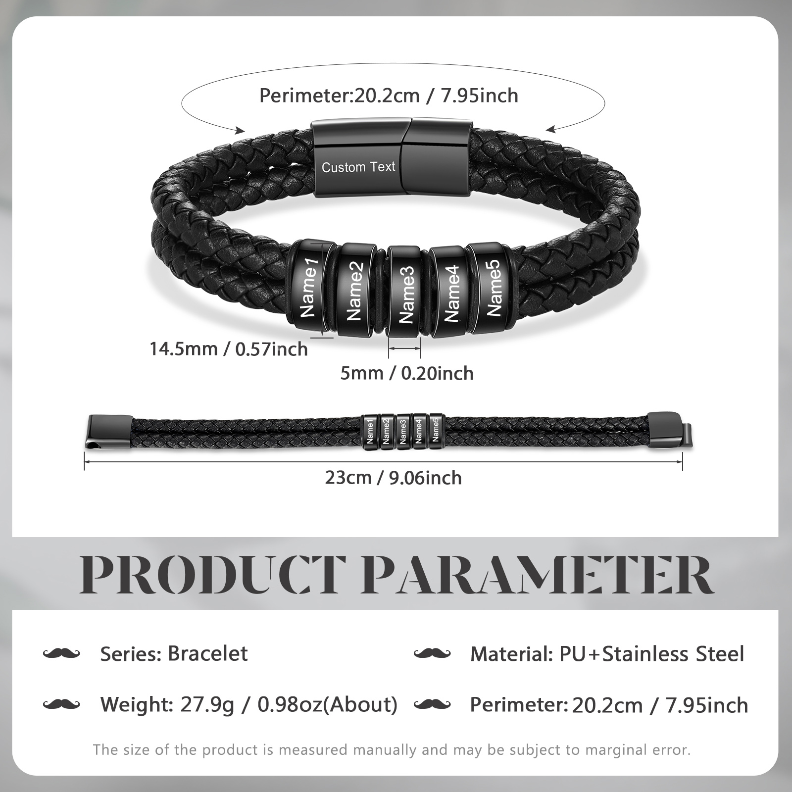 Pulsera de cuero doble cadena para hombre con 5 nombres y 1 texto personalizados | Jessemade