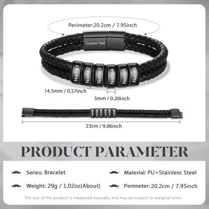 Pulsera de cuero doble cadena para hombre con 6 nombres y 1 texto personalizados | Jessemade
