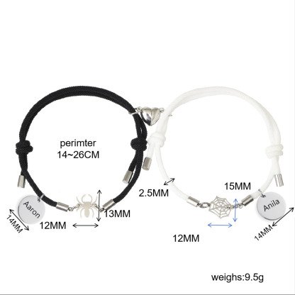 Pulsera de dos piezas de cuerda 2 nombres personalizados para pareja con dije magnético con araña y telaraña