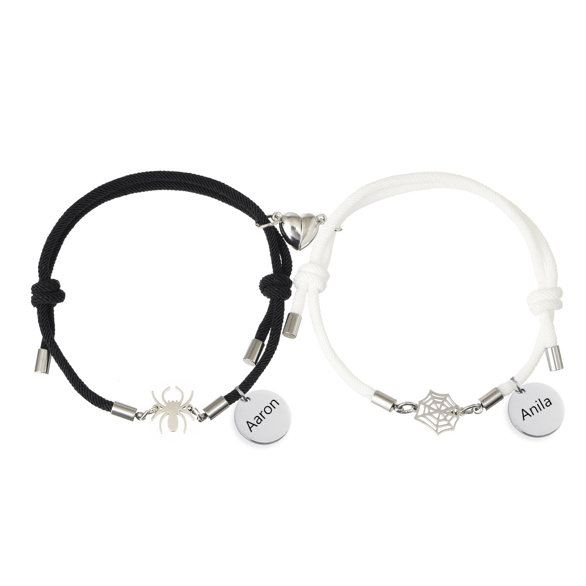 Pulsera de dos piezas de cuerda 2 nombres personalizados para pareja con dije magnético con araña y telaraña