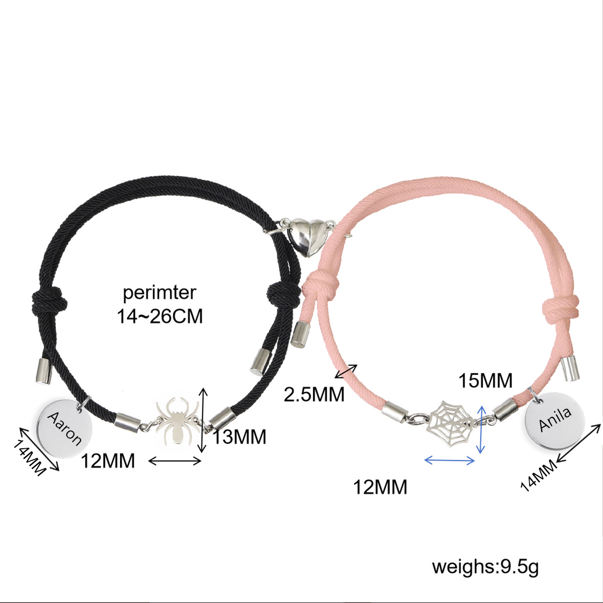 Pulsera de dos piezas de cuerda 2 nombres personalizados para pareja con dije magnético con araña y telaraña