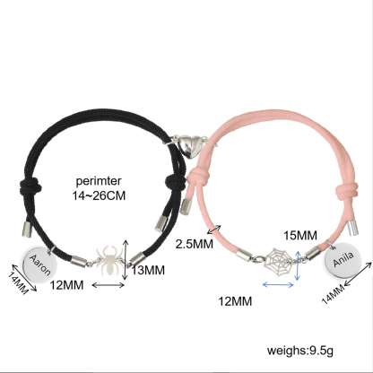 Pulsera de dos piezas de cuerda 2 nombres personalizados para pareja con dije magnético con araña y telaraña