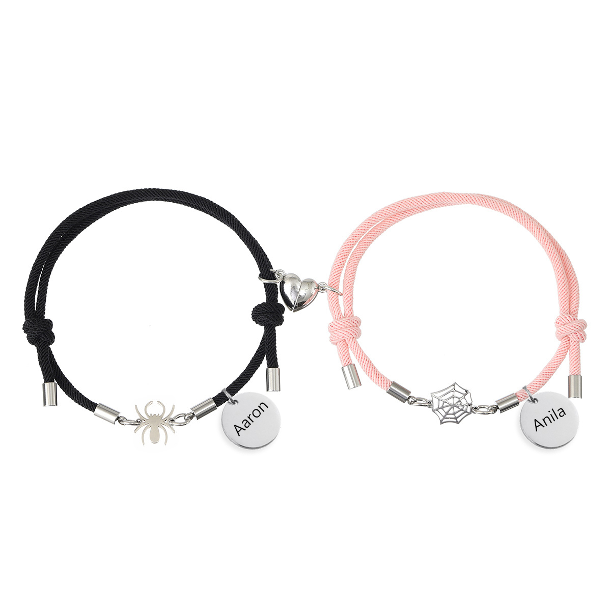 Pulsera de dos piezas de cuerda 2 nombres personalizados para pareja con dije magnético con araña y telaraña